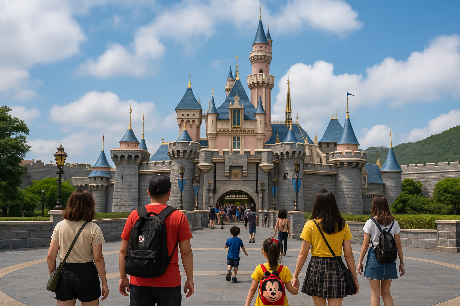 “Hong Kong Disneyland entrance at night with tourists” “Frozen Ever After ride at Hong Kong Disneyland closed for safety inspection” “Visitors walking inside Hong Kong Disneyland theme park” “Hong Kong Disneyland castle and Frozen-themed attraction”