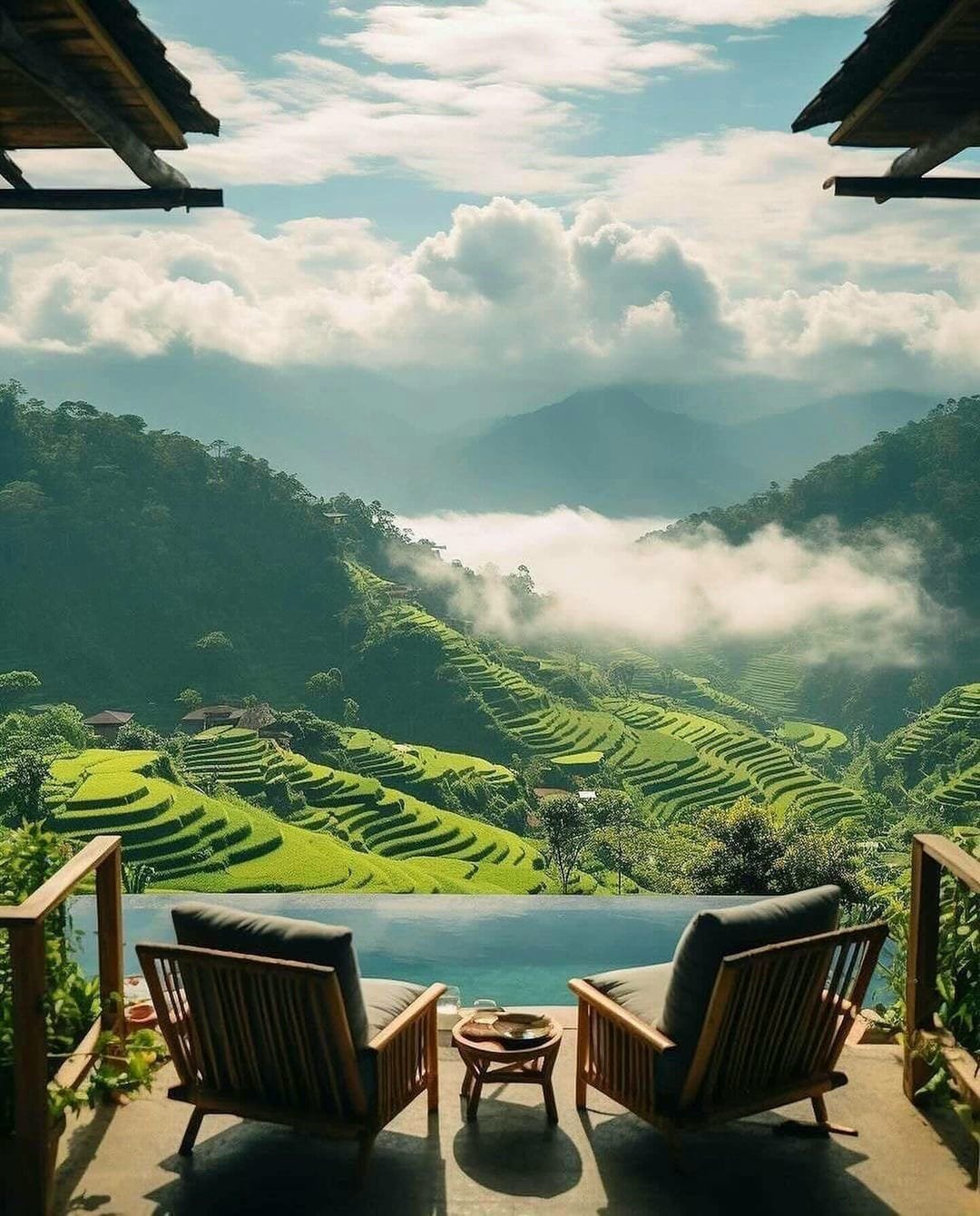 “Stunning view of Bali rice fields in Indonesia with mountains and infinity pool.”