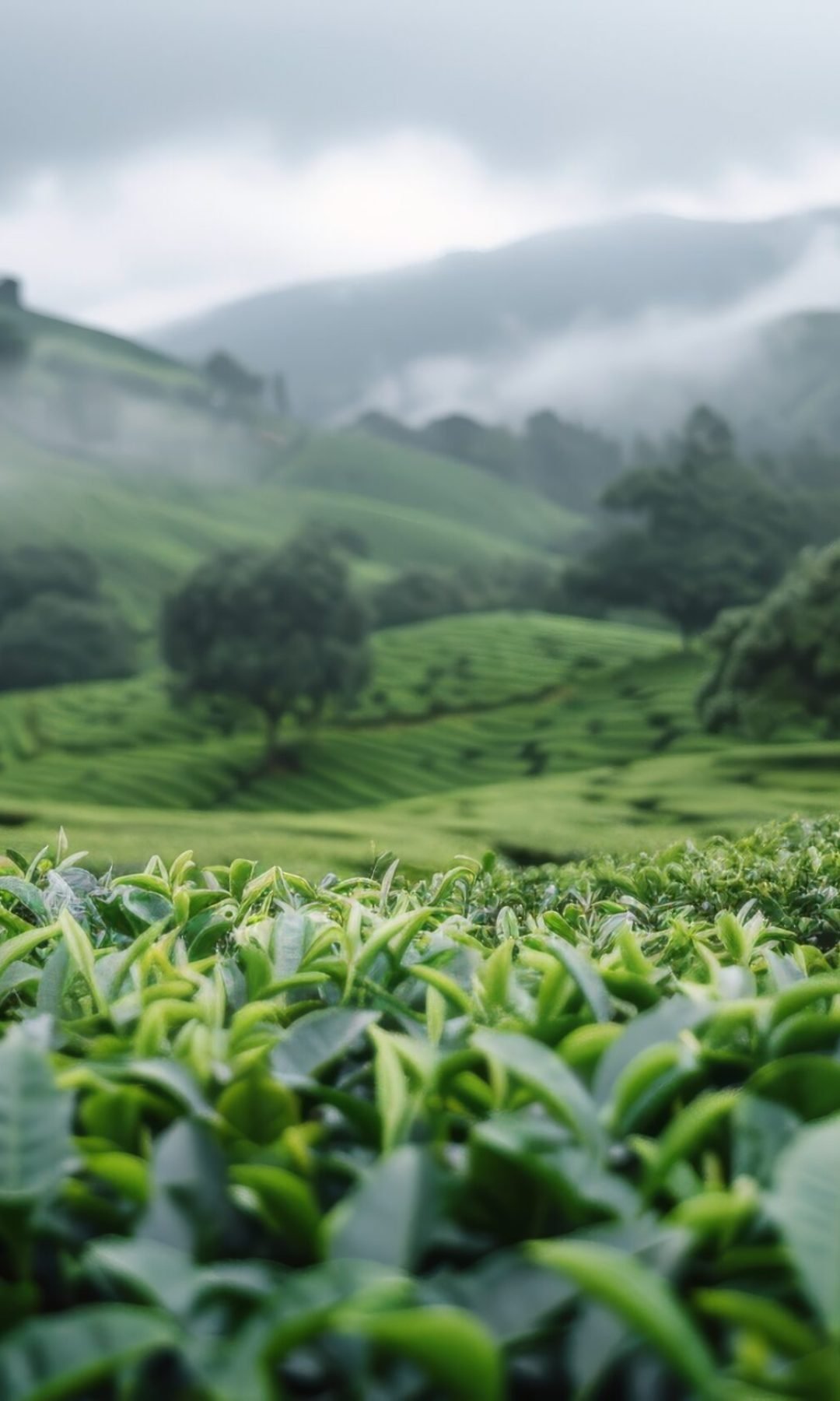 Morning Mist Over Lush Tea Fields in a Serene Mountainous Landscape Dew-kissed tea leaves stretch across verdant fields as mist envelops the mountains in the background, creating a tranquil atmosphere at dawn. The vibrant greens and rolling hills evoke a sense of calm and beauty.